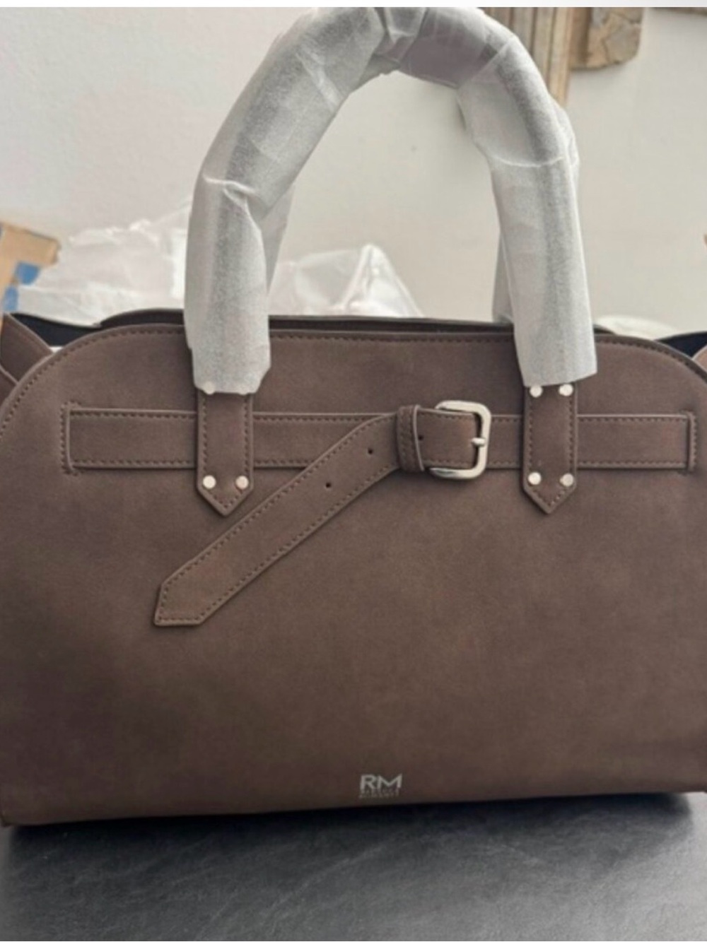 Rebecca Minkoff Taupe Suede Belt-Accent Satchel